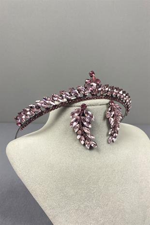 Pink Ece Bridal Henna Crown and Leaf Stone Earring Set