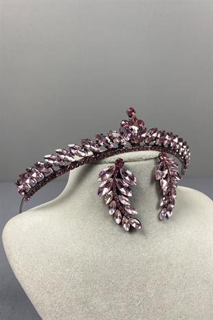 Pink Ece Bridal Henna Crown and Leaf Stone Earring Set