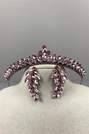 Pink Ece Bridal Henna Crown and Leaf Stone Earring Set