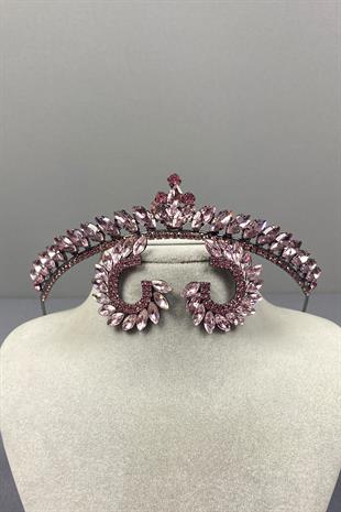 Pink Ece Bridal Henna Crown and Round Stone Earring Set