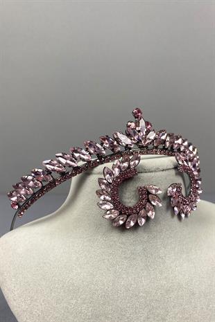 Pink Ece Bridal Henna Crown and Round Stone Earring Set