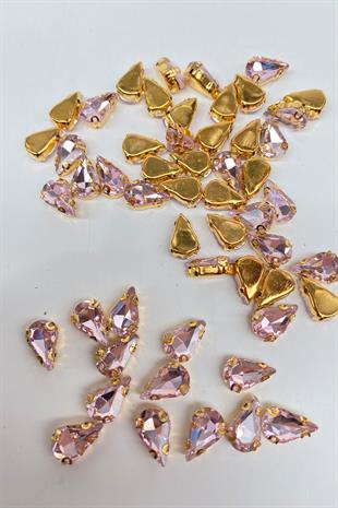 Pembe Gold Zeminli Dikme Parlak Cam Damla Boncuk 10 Adet