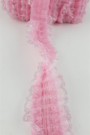 Pembe Gümüş Sim Dantelli Plise Fırfır