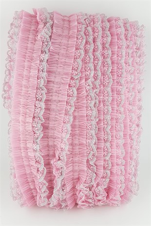 Pembe Gümüş Sim Dantelli Plise Fırfır