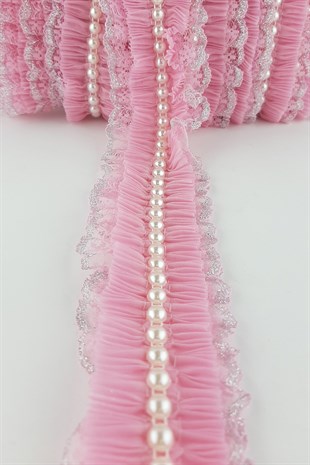 Pembe İncili Sim Dantel Plise Fırfır