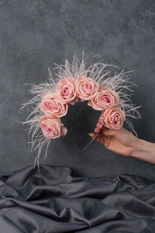 Pink Velvet Rose Feathered Design Bridal Henna Crown