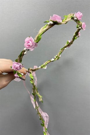 Pembe Kagıt Güllü Yapraklı Nedime Tacı ve Hediyelik Çocuk Tacı