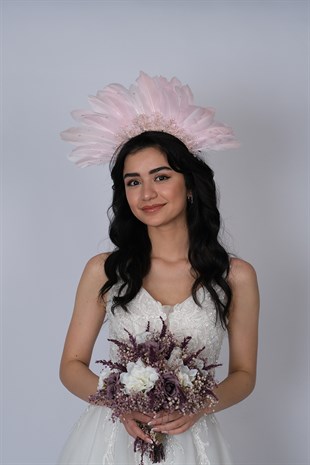 Special Design Bridal Henna Crown with Pink Eagle Feathered Stone