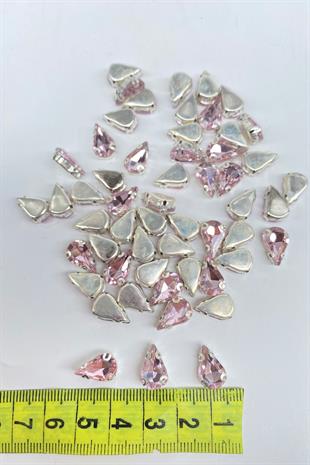 Pembe Kasalı Dikme Parlak Cam Damla Boncuk 10 Adet