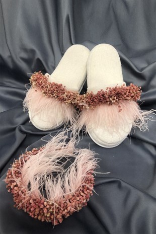 Pink Dry Flower Hairy Crown and Slippers Set