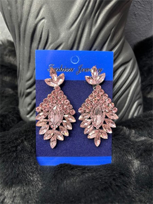 Pembe Luvia Kristal Taşlı Sallantılı Gelin Abiye Küpesi