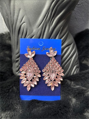 Pembe Luvia Kristal Taşlı Sallantılı Gelin Abiye Küpesi