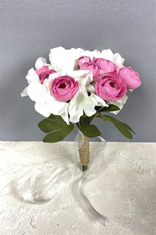 Pembe Ortanca Şakayıklı Gelin El Buketi Saç Aksesuarı ve Yaka Çiçeği