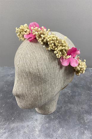 Pembe Ortanca Ve Şoklanmış Cipso Kuru Çiçekli Dış Çekim Gelin Tacı