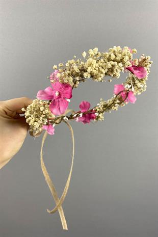 Pembe Ortanca Ve Şoklanmış Cipso Kuru Çiçekli Dış Çekim Gelin Tacı