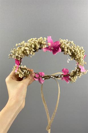 Pembe Ortanca Ve Şoklanmış Cipso Kuru Çiçekli Dış Çekim Gelin Tacı