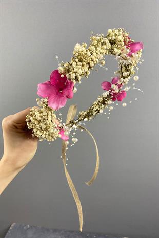 Pembe Ortanca Ve Şoklanmış Cipso Kuru Çiçekli İncili Gelin Tacı