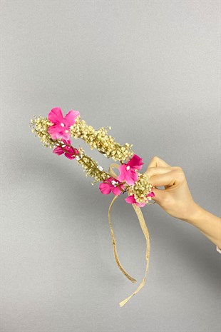 Pembe Ortancalı Kuru Çiçekli Dış Çekim Gelin Saç Aksesuarı