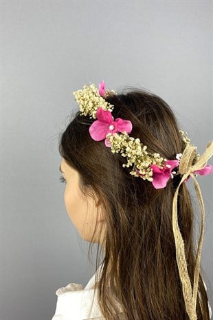 Pembe Ortancalı Kuru Çiçekli Dış Çekim Gelin Saç Aksesuarı