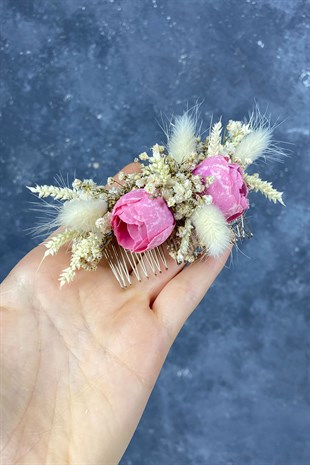 Pembe Pamuk Otu Cipso ve Yapay Çiçekli Taraklı Saç Tokası