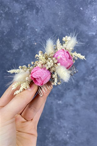 Pembe Pamuk Otu Cipso ve Yapay Çiçekli Taraklı Saç Tokası