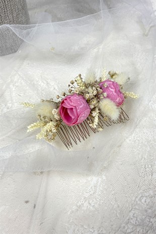 Pembe Pamuk Otu Cipso ve Yapay Çiçekli Taraklı Saç Tokası
