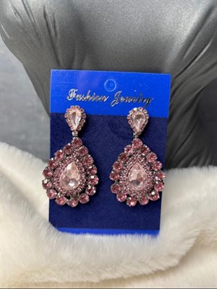 Pembe Rengi Sia Damla Şık Tasarım Taşlı Gelin Kına Abiye Küpesi