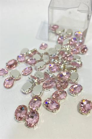 Pembe Renk Oval Metal Kasalı Beyoğlu Taşı Dikme Cam Boncuk 5 Adet