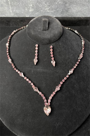 Pembe Renk Taşlı Kolye Küpe Set Şık Zarif Abiye Davet Takı