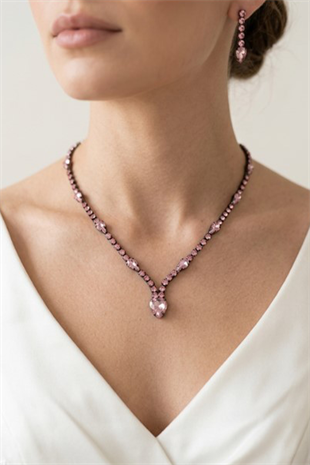 Pembe Renk Taşlı Kolye Küpe Set Şık Zarif Abiye Davet Takı