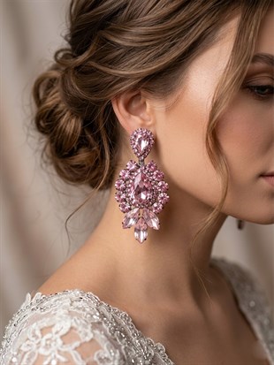 Pembe Renkli Velin  Taşlı Küpe Gelin Kına Abiye Küpesi