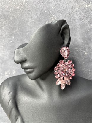 Pembe Renkli Velin  Taşlı Küpe Gelin Kına Abiye Küpesi