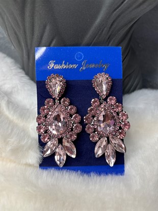 Pembe Renkli Velin  Taşlı Küpe Gelin Kına Abiye Küpesi