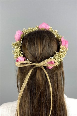 Pembe Şakayık Çiçekli Cipsolu Fiyonklu Dış Çekim Gelin Tacı