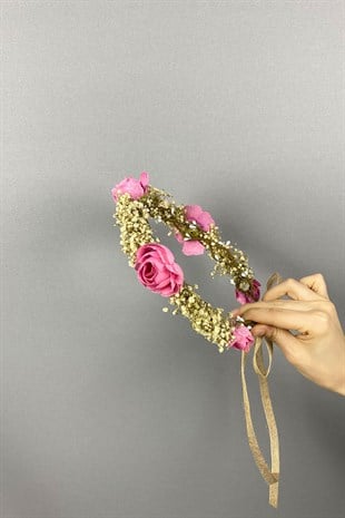 Pembe Şakayık Çiçekli Cipsolu Fiyonklu Dış Çekim Gelin Tacı