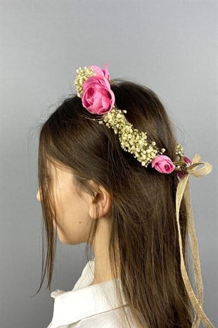 Pembe Şakayık Çiçekli Cipsolu Fiyonklu Dış Çekim Gelin Tacı