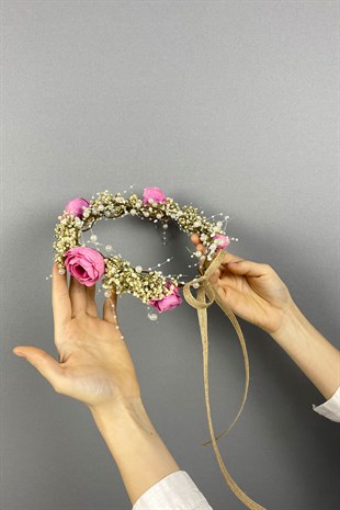 Pembe Şakayık Çiçekli Cipsolu İncili Fiyonklu Dış Çekim Gelin Tacı