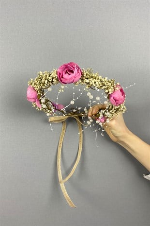 Pembe Şakayık Çiçekli Cipsolu İncili Fiyonklu Dış Çekim Gelin Tacı