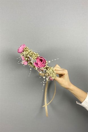 Pembe Şakayık Çiçekli Cipsolu İncili Fiyonklu Dış Çekim Gelin Tacı