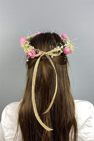 Pembe Şakayık Çiçekli Cipsolu İncili Fiyonklu Dış Çekim Gelin Tacı