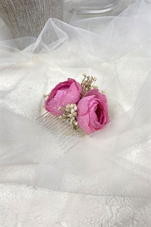 Pembe Şakayık Çiçekli Cipsolu Taraklı Saç Tokası