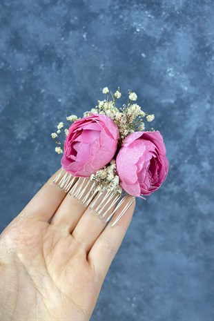 Pembe Şakayık Çiçekli Cipsolu Taraklı Saç Tokası