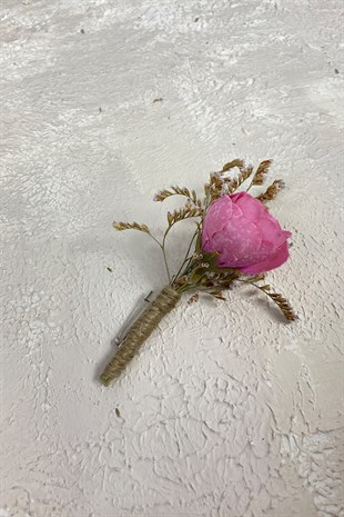 Pembe Şakayık Çiçekli Deniz Otlu Gelin Buketi Tacı ve Yaka Çiçeği Seti