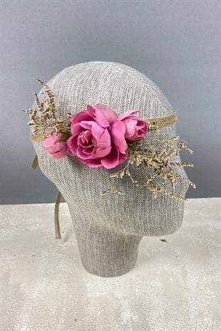 Pembe Şakayık Çiçekli Deniz Otlu Gelin Buketi Tacı ve Yaka Çiçeği Seti