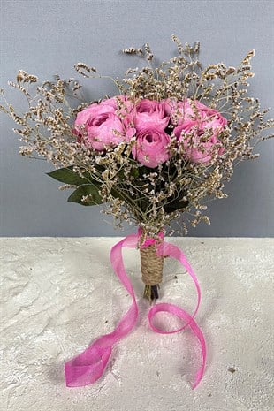 Pembe Şakayık Çiçekli Deniz Otlu Gelin Buketi Tacı ve Yaka Çiçeği Seti