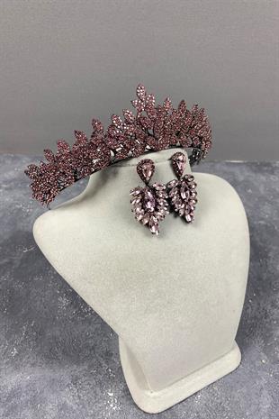 Pink Sara Dense Stone Bridal Henna Tiara and Stud Earrings Set