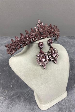 Pink Sara Dense Stone Bridal Henna Tiara and Earring Set