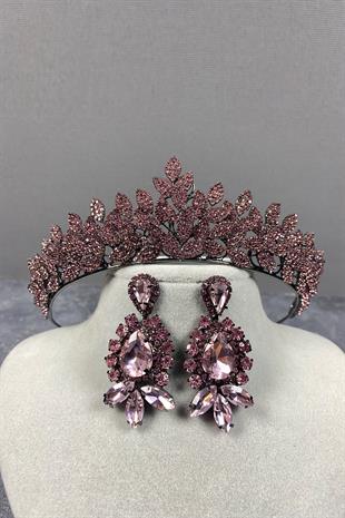 Pink Sara Bridal Henna Tiara and Earring with Dense Stones