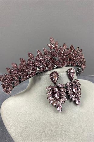 Pink Sara Dense Stone Bridal Henna Tiara and Stud Earrings Set