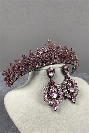Pink Sara Dense Stone Bridal Henna Tiara and Earring Set